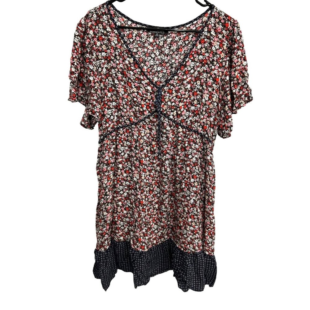 Suzanne Betro Floral Print Boho Tunic Dress Sz 2X Short Sleeves Ruffled Hem